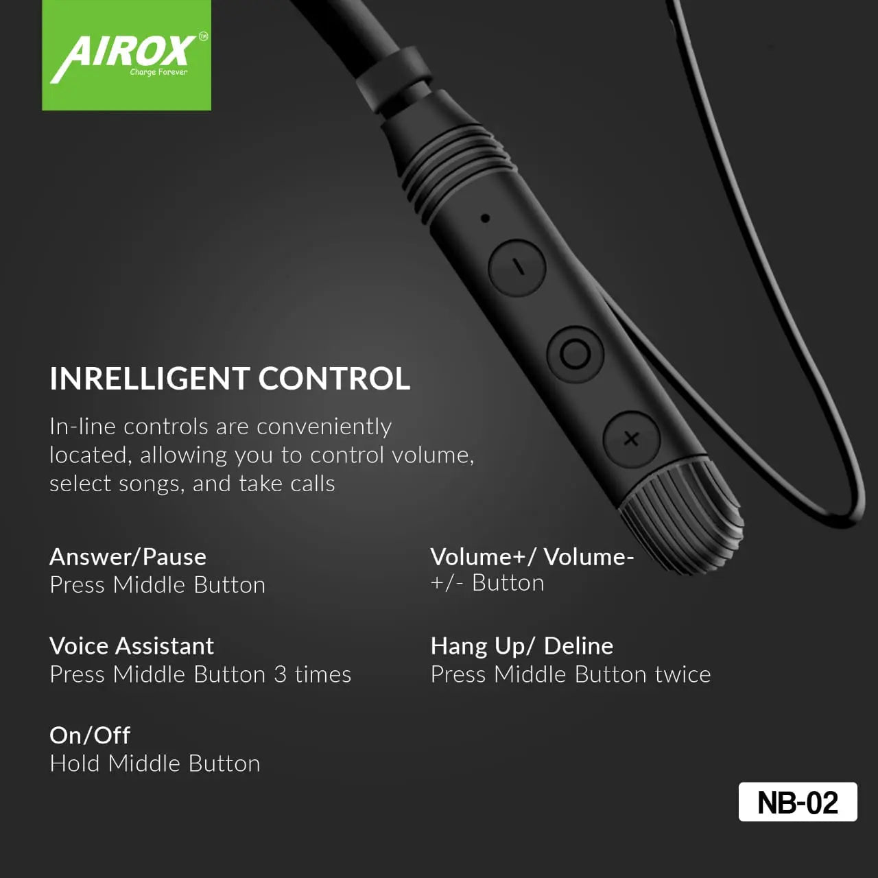 Airox NB-02 Wireless Handsfree | Neckband Handsfree | Bluetooth Earphone 5.0 | Noise Free Sound - Airox.pk