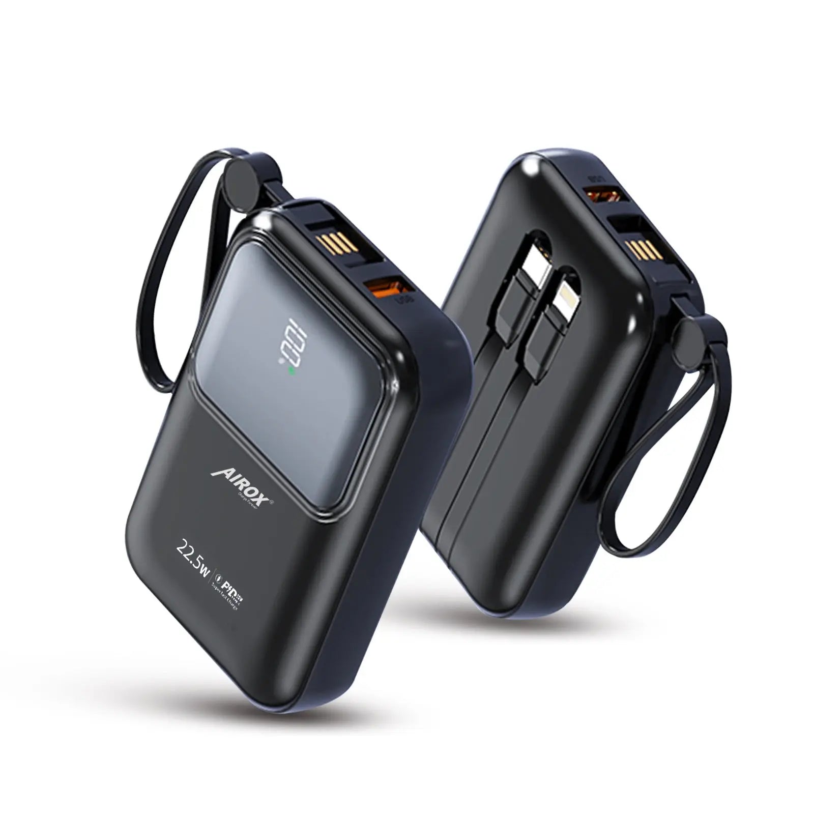 Airox PB09 8000mAh Smart Powerbank with Built-In USB, iPhone, and Type C Cables - 22.5W Fast Charging Support Airox.pk