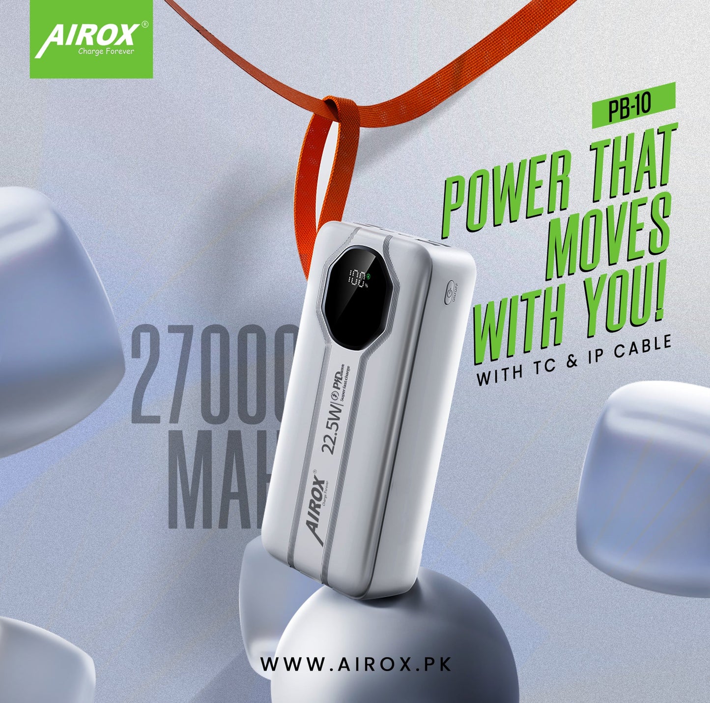 Title: Airox PB10 Power Bank – 27,000 mAh Fast Charging with Dual Type-C PD Ports Airox.pk