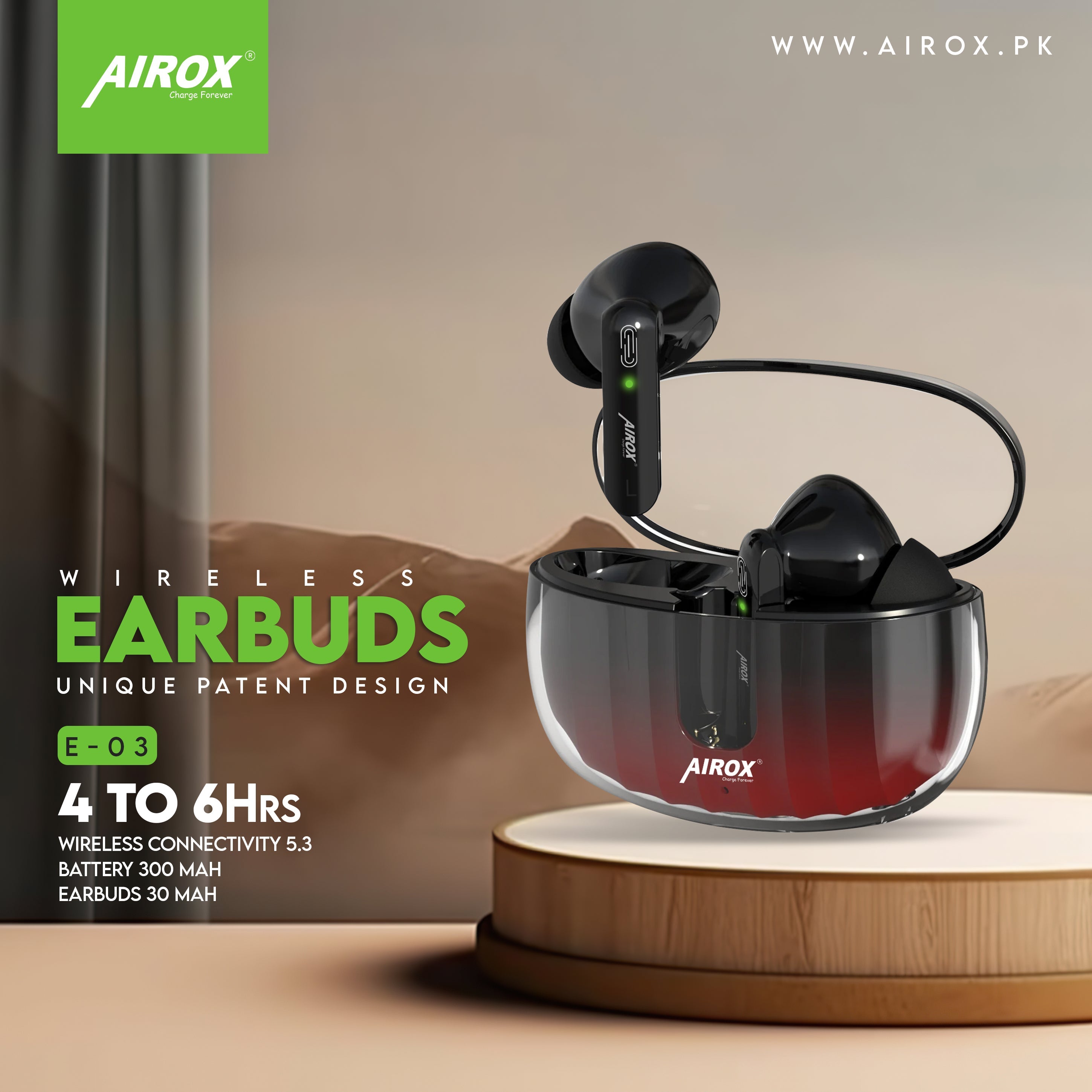 Airox E3 Wireless Earbuds with Crystal Case - Long Battery Life and Crystal-Clear Sound airox.pk