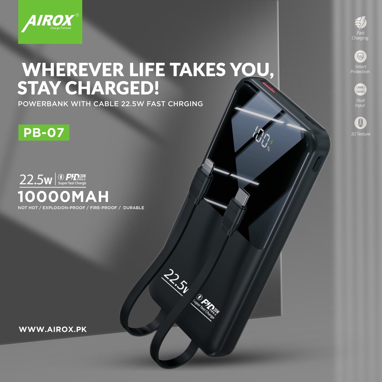 Airox PB07 10000mAh Smart Powerbank with Built-In USB, iPhone, and Type C Cables - 22.5W Fast Charging Support, LED Screen Display Airox.pk