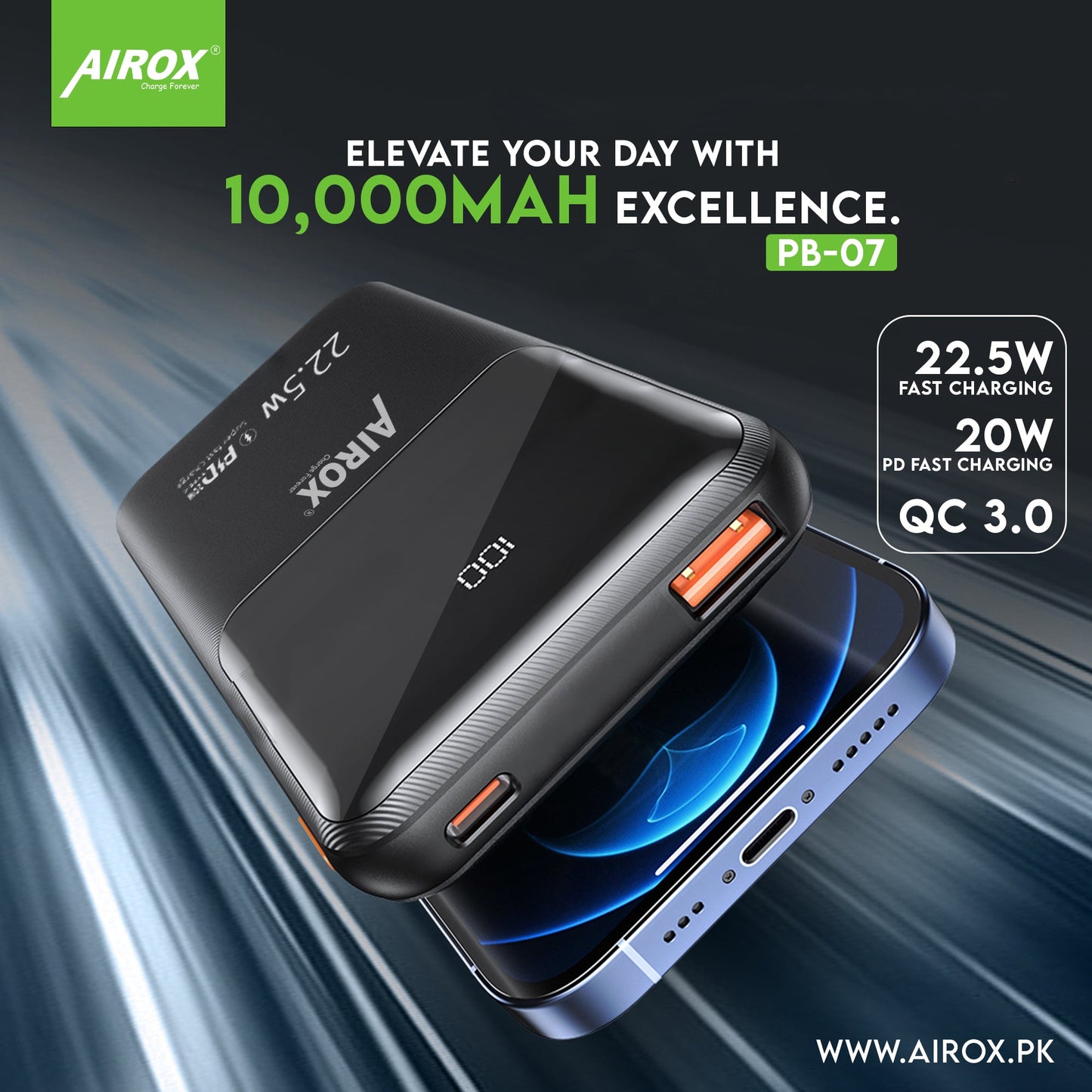 Airox PB07 10000mAh Smart Powerbank with Built-In USB, iPhone, and Type C Cables - 22.5W Fast Charging Support, LED Screen Display Airox.pk