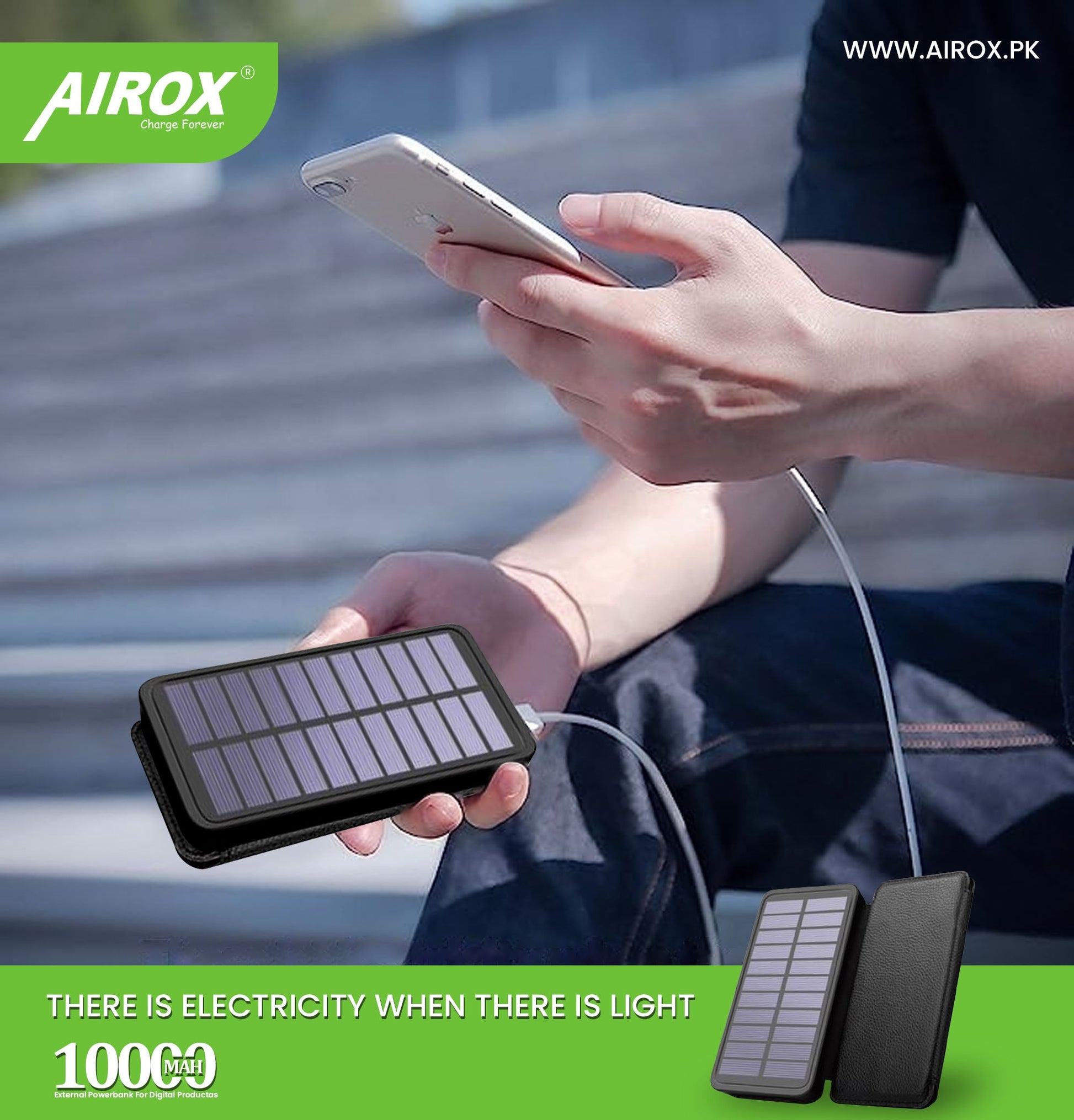 Airox Solar Power bank 10000 Mah 2A Dual Usb Port Power bank Airox.pk